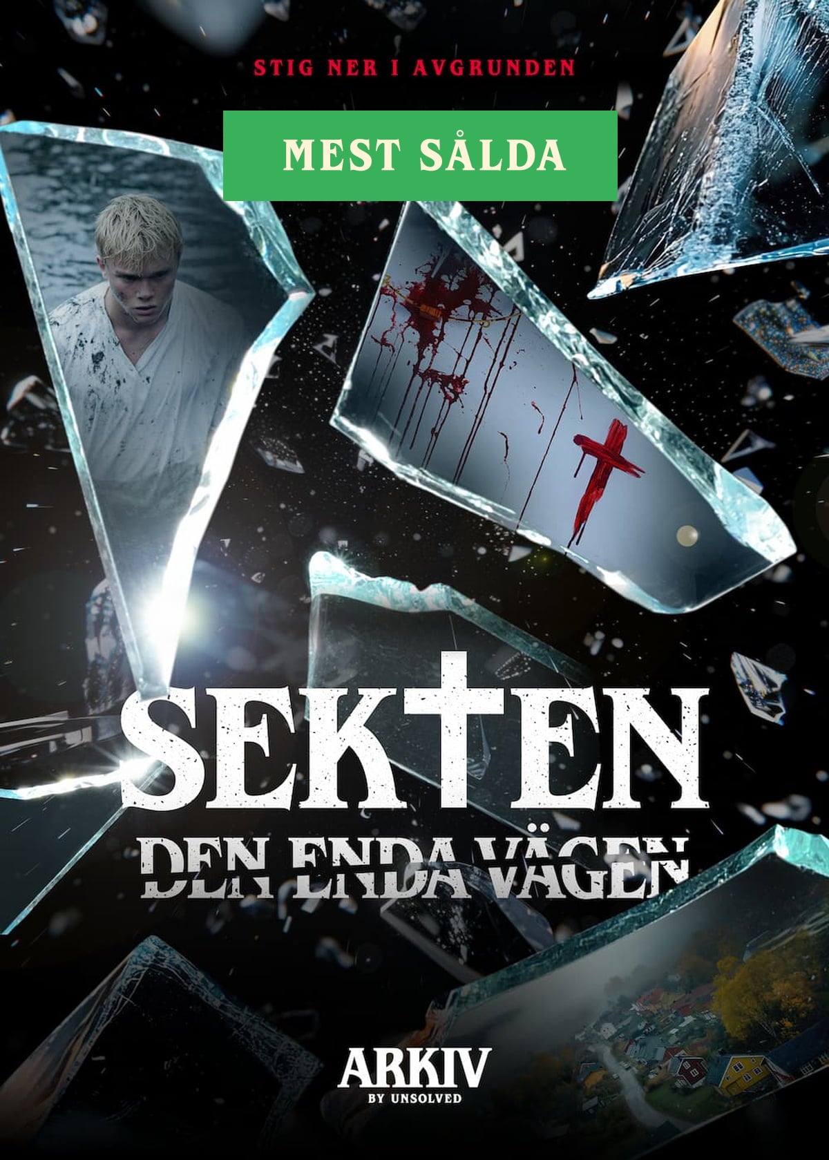 Sekten – Den enda vägen från Arkiv by Unsolved med fotografier och en kniv bakom sprucket glas. MEST SÅLDA