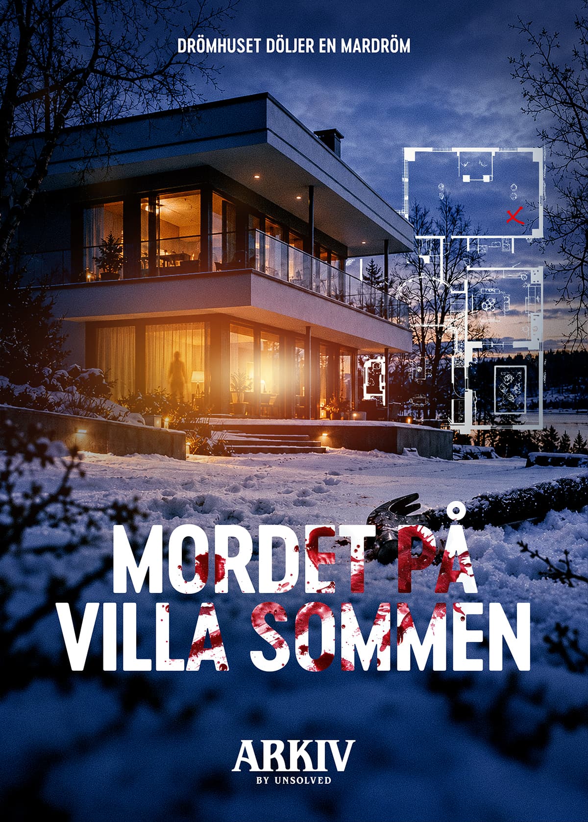 Mordet på Villa Sommen – snötäckt villa i mörker med planritning och blodstänkt titel.